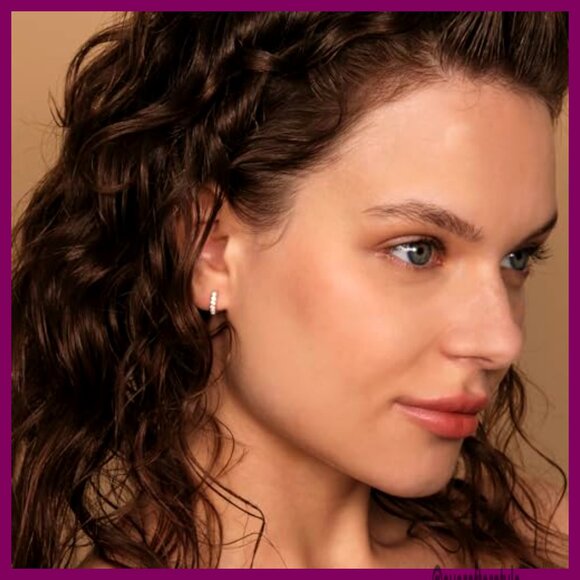 14K Gold Plated Sterling Silver Huggie Hoop Earrings with Cubic Zirconia - Picture 2 of 6